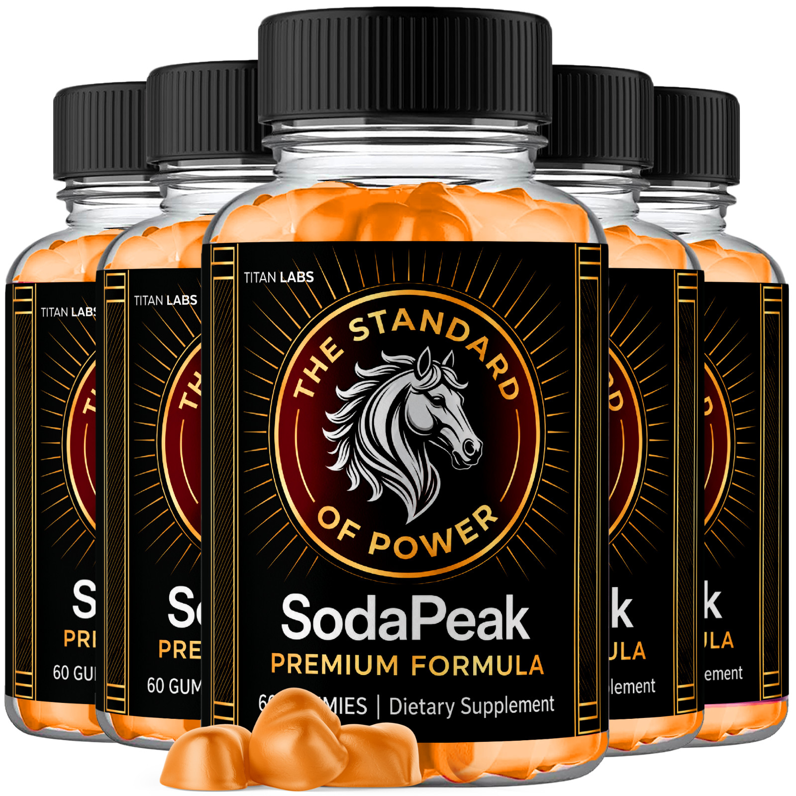 Several bottles of SodaPeak Premium Formula gummies